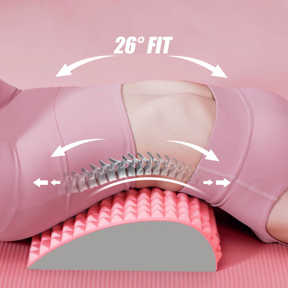 Pink back stretcher pillow supporting the lower back