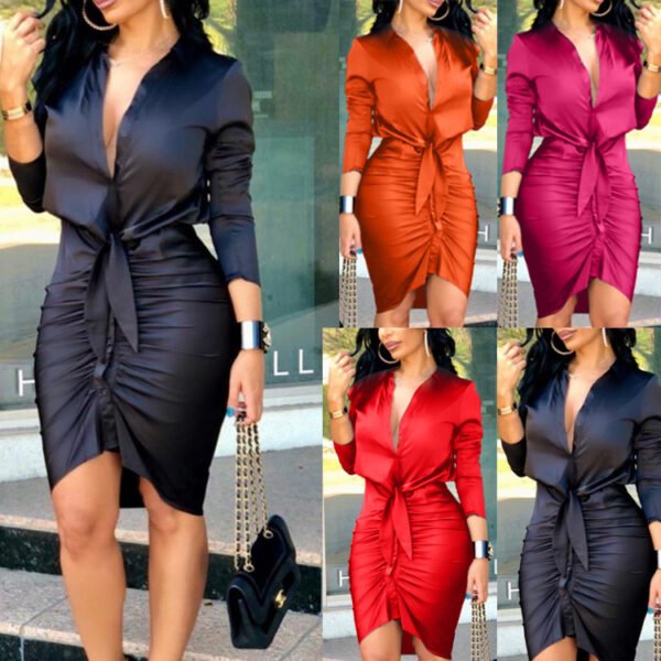 Women Lace-up Solid Color Long Sleeve Midi Dress Shirt Dress Elegant Fashion Party Dress 1616400130782.jpg